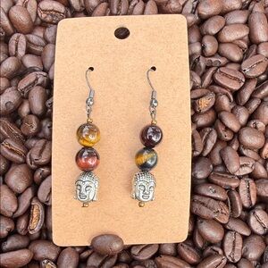 Silver Buddha Dangle Earrings with Tiger’s Eye Beads